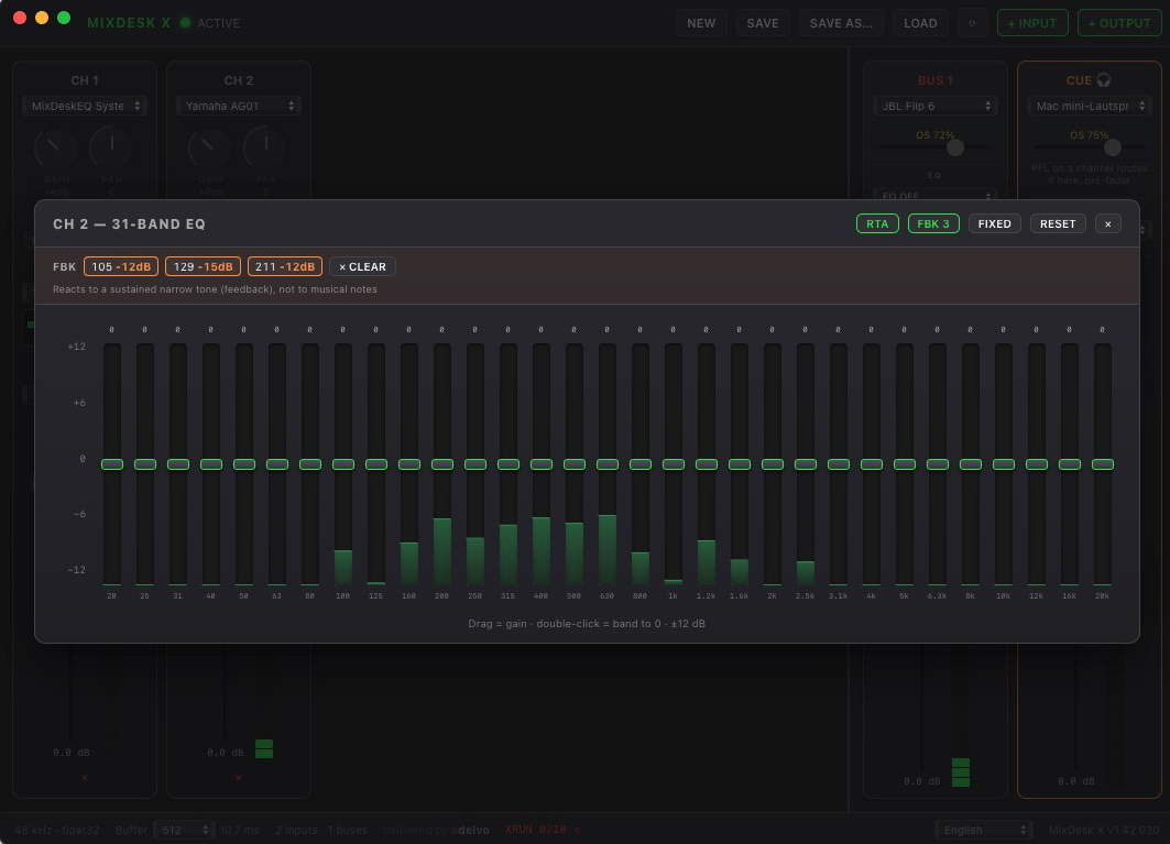 Feedback Destroyer auto-notching sustained feedback in the 31-band EQ, with the live RTA behind the bands
