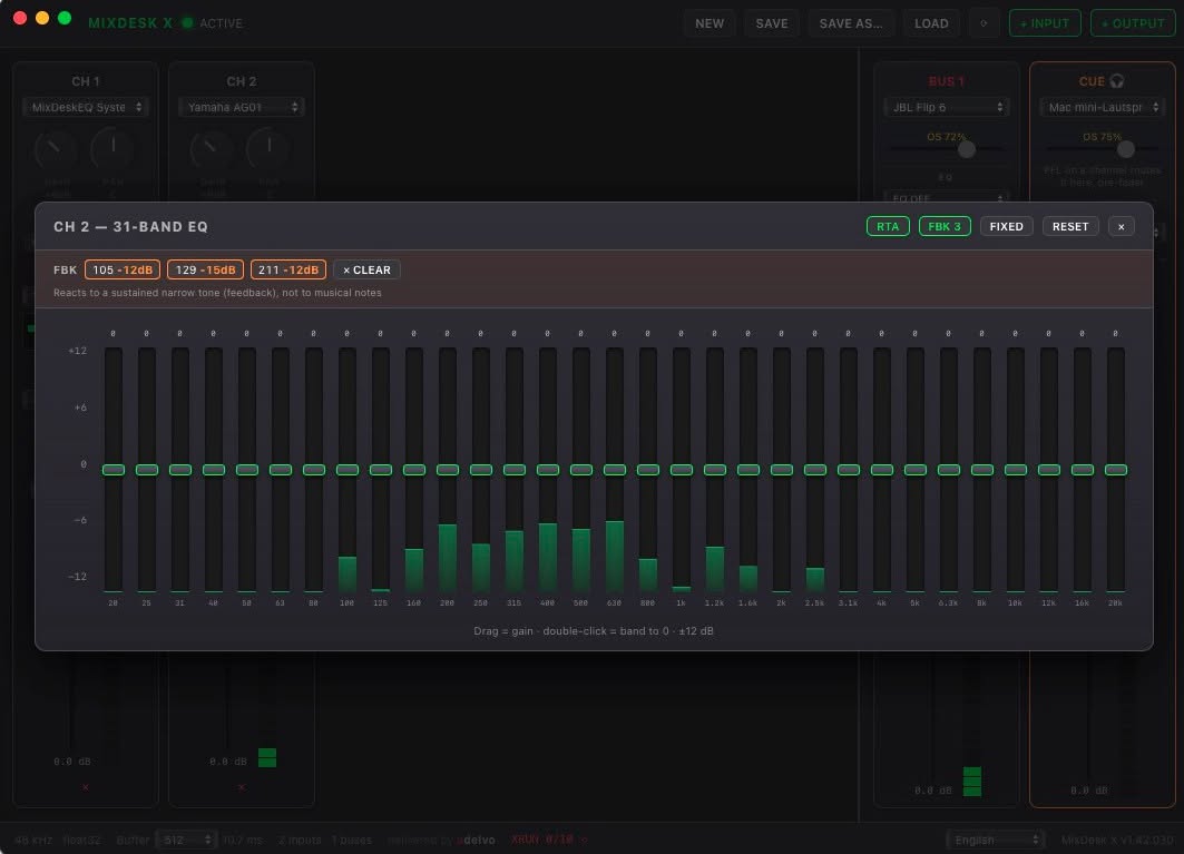 MixDesk X feedback destroyer — automatic notch filters on a mic channel