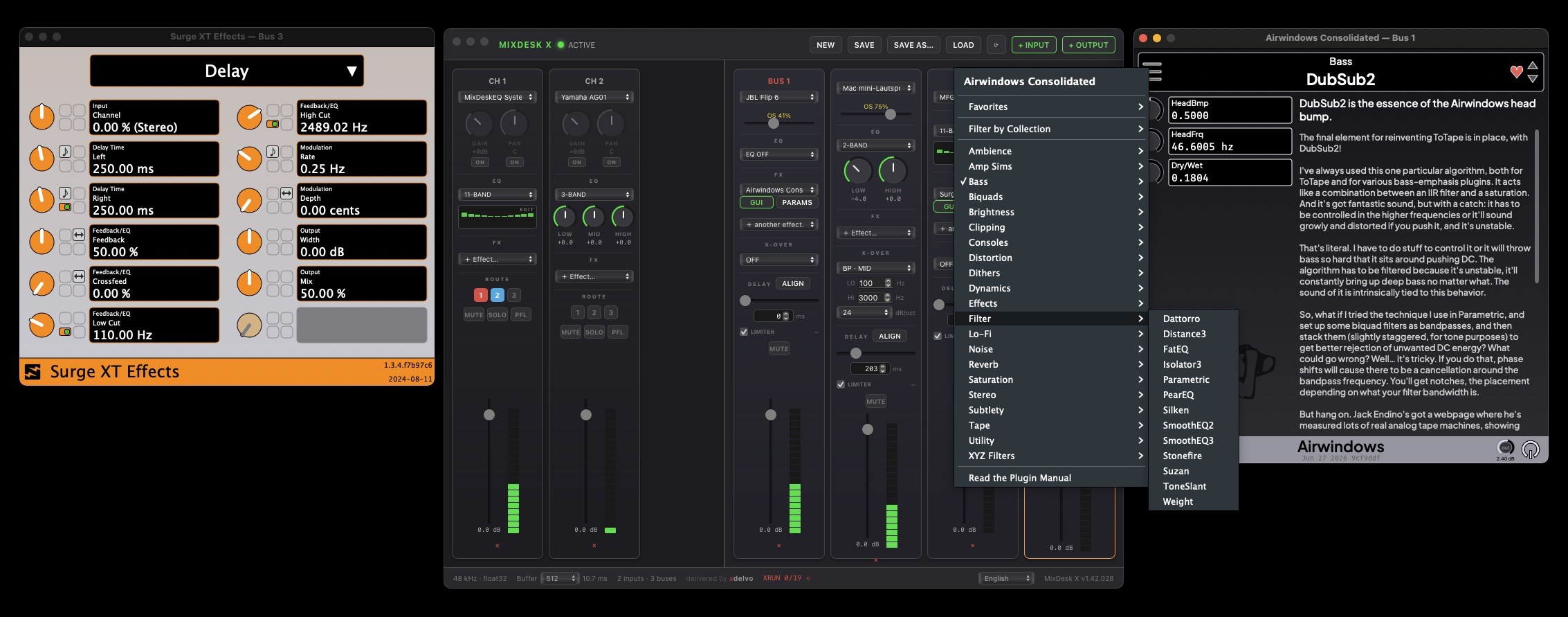 Airwindows Consolidated CLAP plugin with native GUI open on a MixDesk X bus