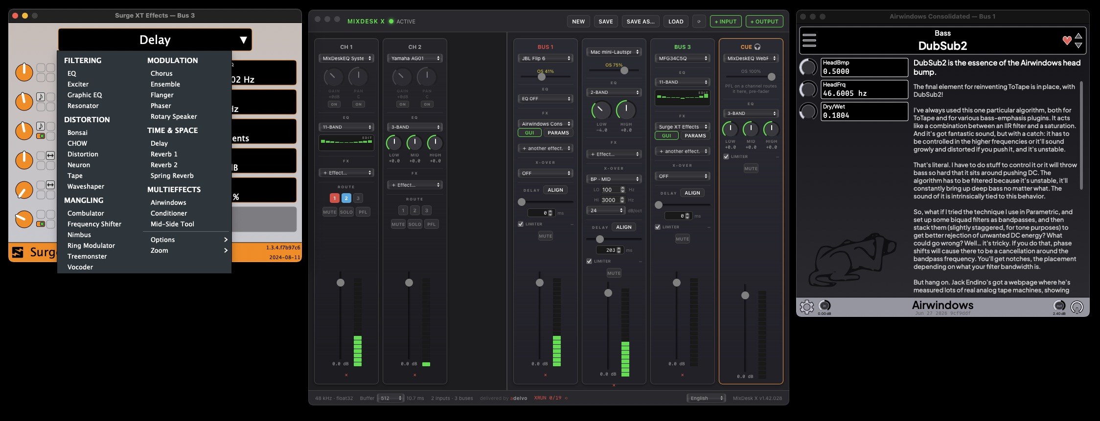 MixDesk X with Surge XT Effects CLAP plugin open next to the new crossover and align controls