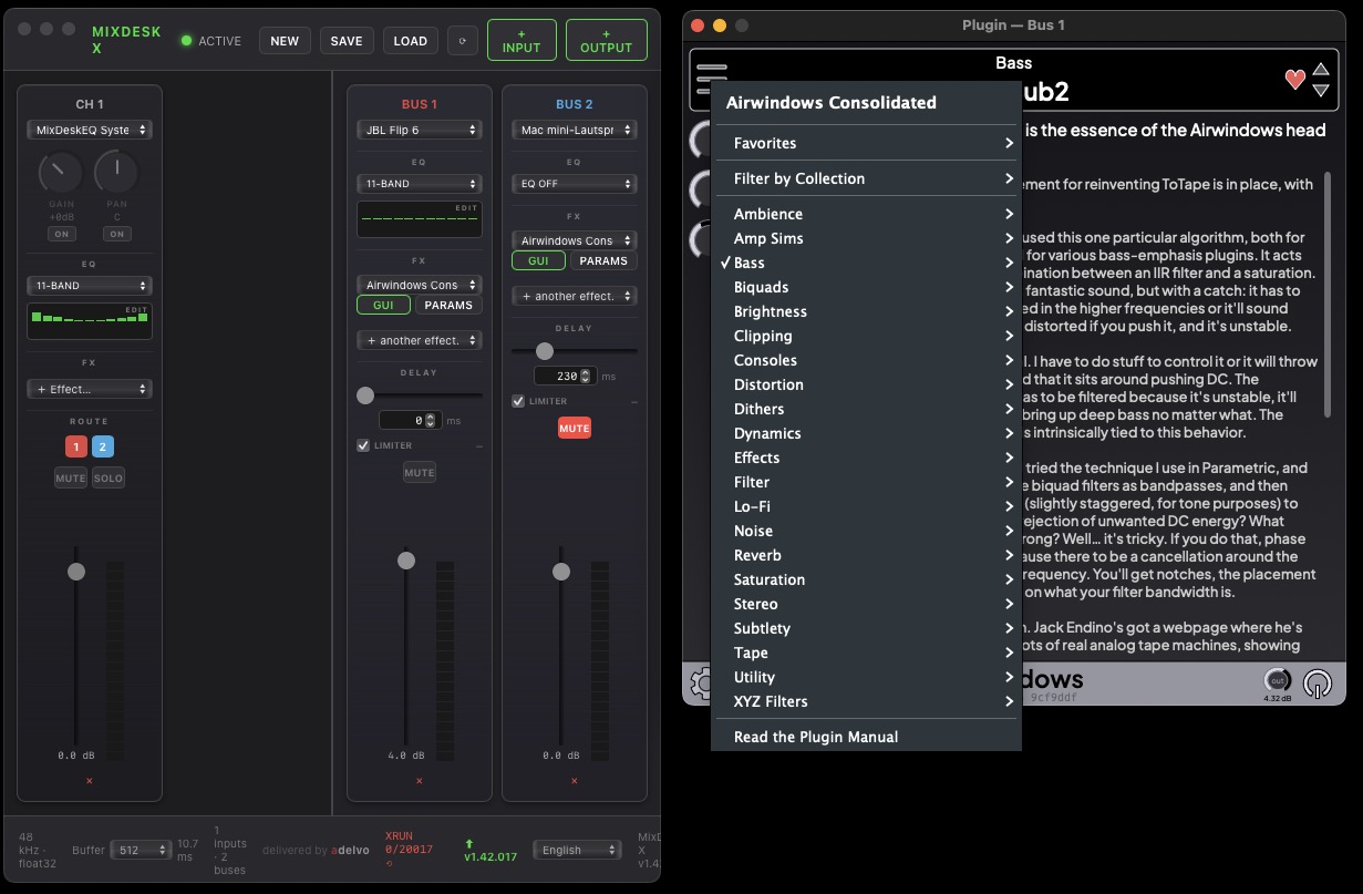 Airwindows Consolidated CLAP plugin with native GUI open on a MixDesk X bus