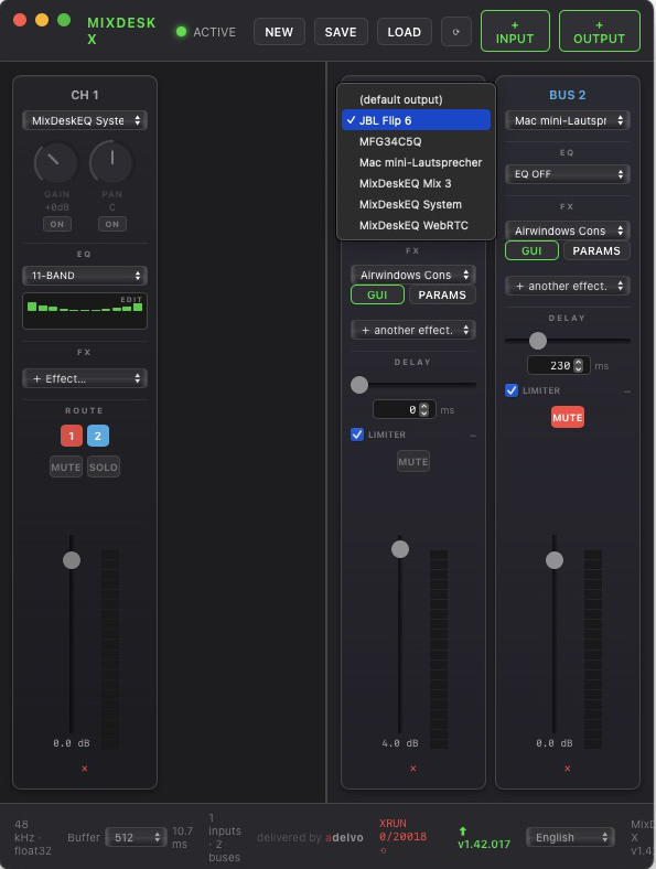 MixDesk X on macOS — Bluetooth speaker and wired speakers synced with 230 ms bus delay