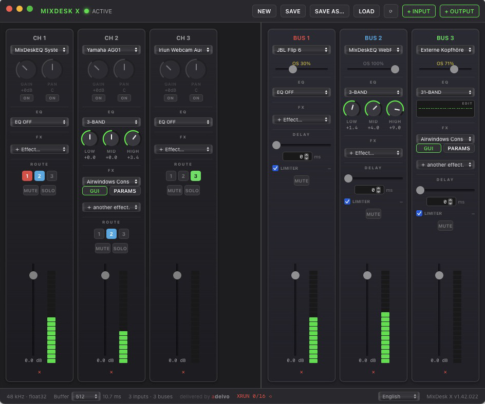 MixDesk X with OS volume sliders on three buses
