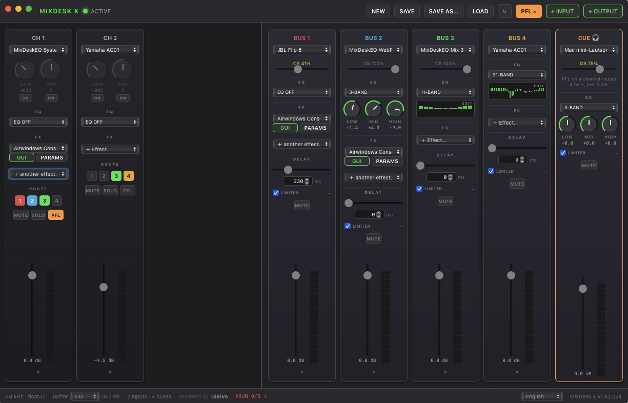 MixDesk X mixer on macOS — input channels with PFL buttons, four output buses and the new orange CUE headphone strip with its own EQ, limiter and OS volume slider