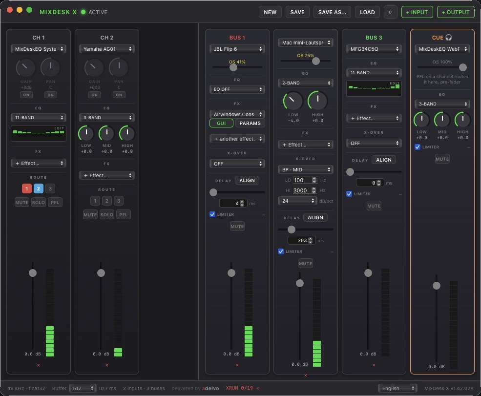 MixDesk X v1.42.028 with X-OVER crossover sections and ALIGN buttons in the bus strips