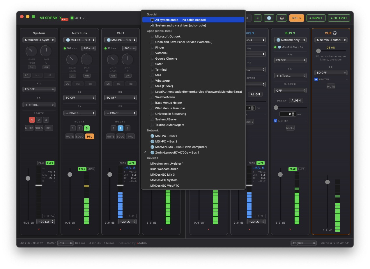 MixDesk X mixer on macOS — the source menu of an input lists system audio, single apps without a cable, network streams from other MixDesk X computers and audio devices; four inputs, three buses and the orange CUE strip