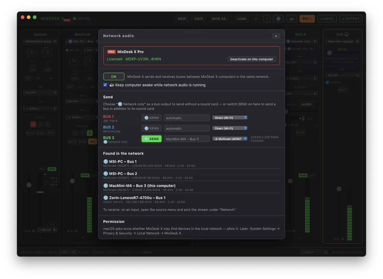 MixDesk X Network audio dialog: MixDesk X Pro license box, network audio ON with keep-awake option, SEND per bus with stream name and Direct or Multicast (AES67) mode, and the streams found in the network