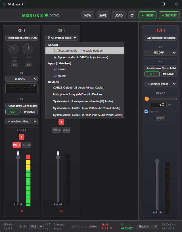 MixDesk X input picker — all system audio no cable needed, per-app capture, classic devices