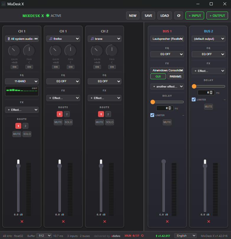 MixDesk X mixer — system audio, Firefox and Brave as separate input channels routed to two output buses