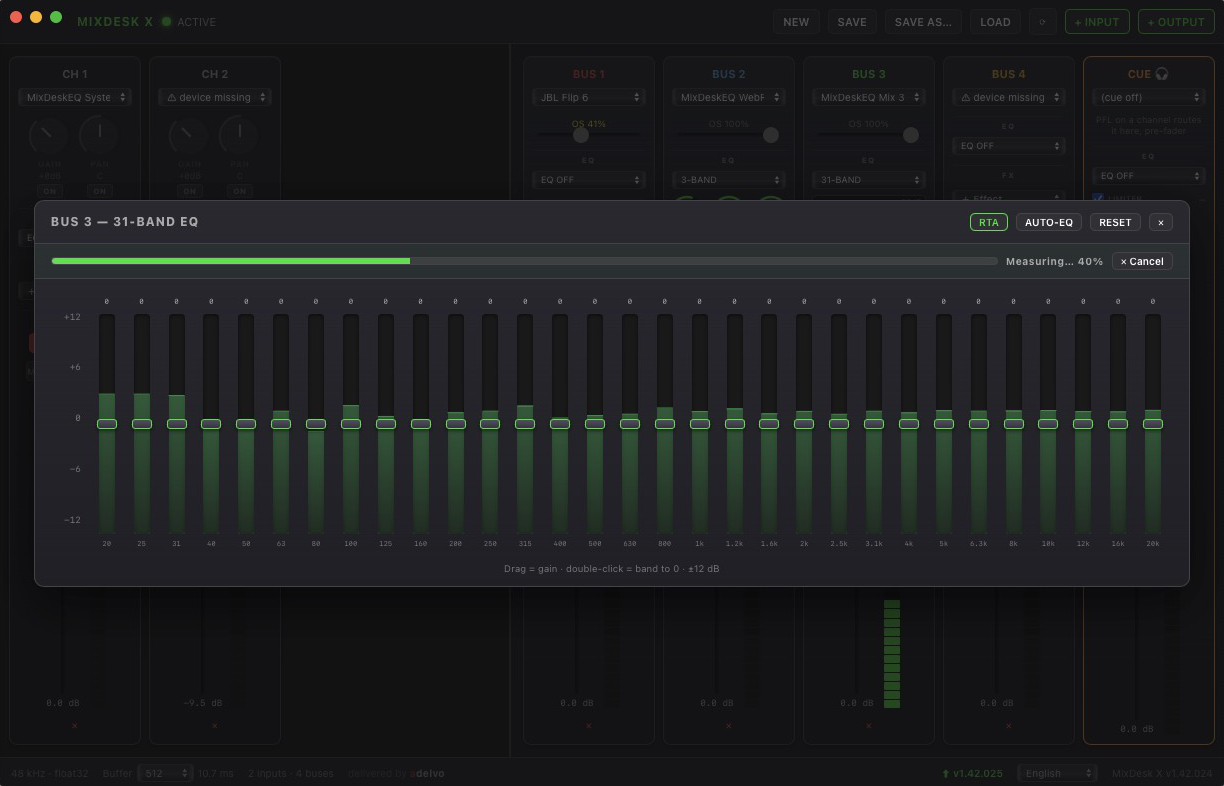 MixDesk X 31-band EQ with the live RTA spectrum behind the bands and an Auto-EQ measurement running