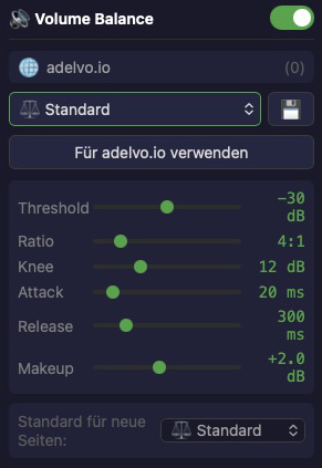 Volume Balance — Compressor Controls with Threshold, Ratio, Knee, Attack, Release, and Makeup Gain